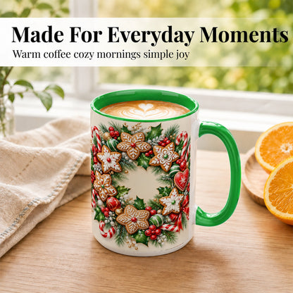 #pl[15oz|Green] Gingerbread Christmas Coffee Mug, Candy Cane Wreath Mug, Ceramic Cup