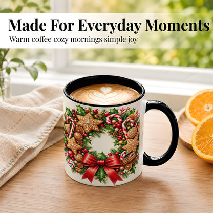 #pl[11oz|Black] Rustic Christmas Coffee Mug, Gingerbread Wreath Mug, Ceramic Cup