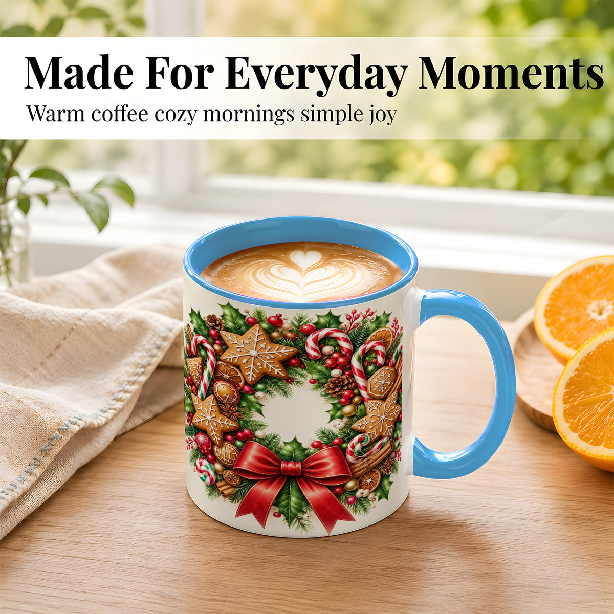 #pl[11oz|Blue] Rustic Christmas Coffee Mug, Gingerbread Wreath Mug, Ceramic Cup