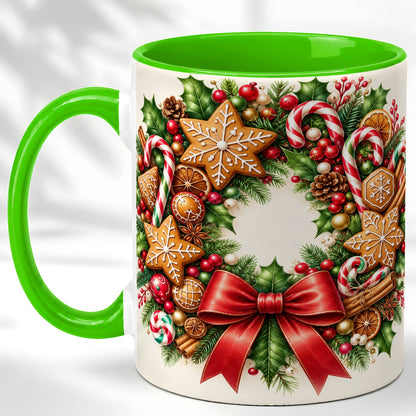#pl[11oz|Green] Rustic Christmas Coffee Mug, Gingerbread Wreath Mug, Ceramic Cup