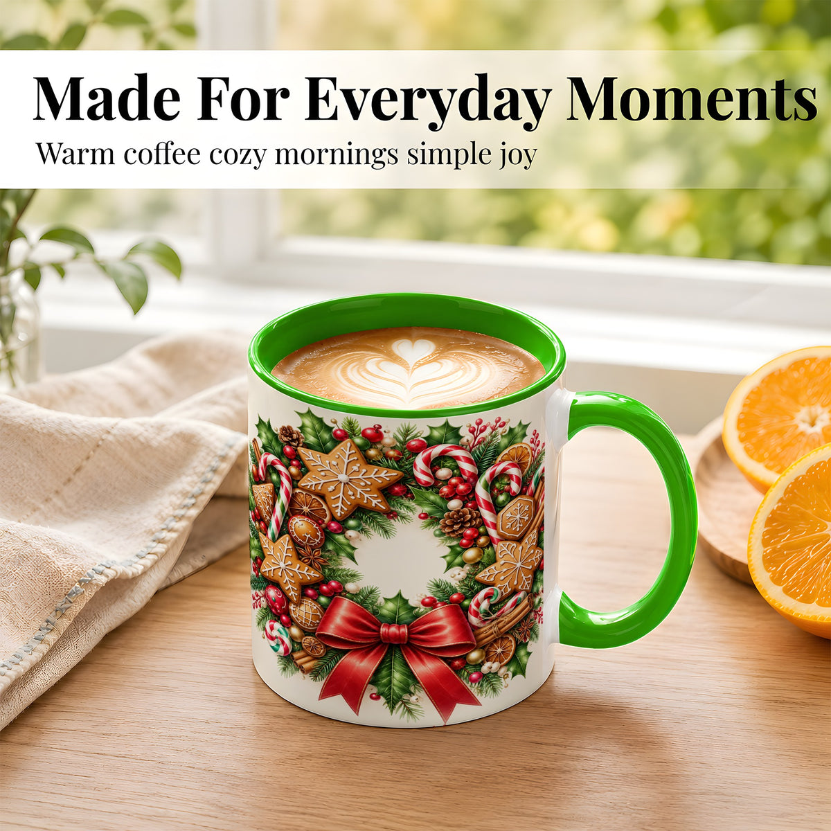 #pl[11oz|Green] Rustic Christmas Coffee Mug, Gingerbread Wreath Mug, Ceramic Cup