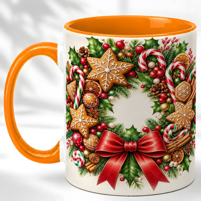 #pl[11oz|Orange] Rustic Christmas Coffee Mug, Gingerbread Wreath Mug, Ceramic Cup