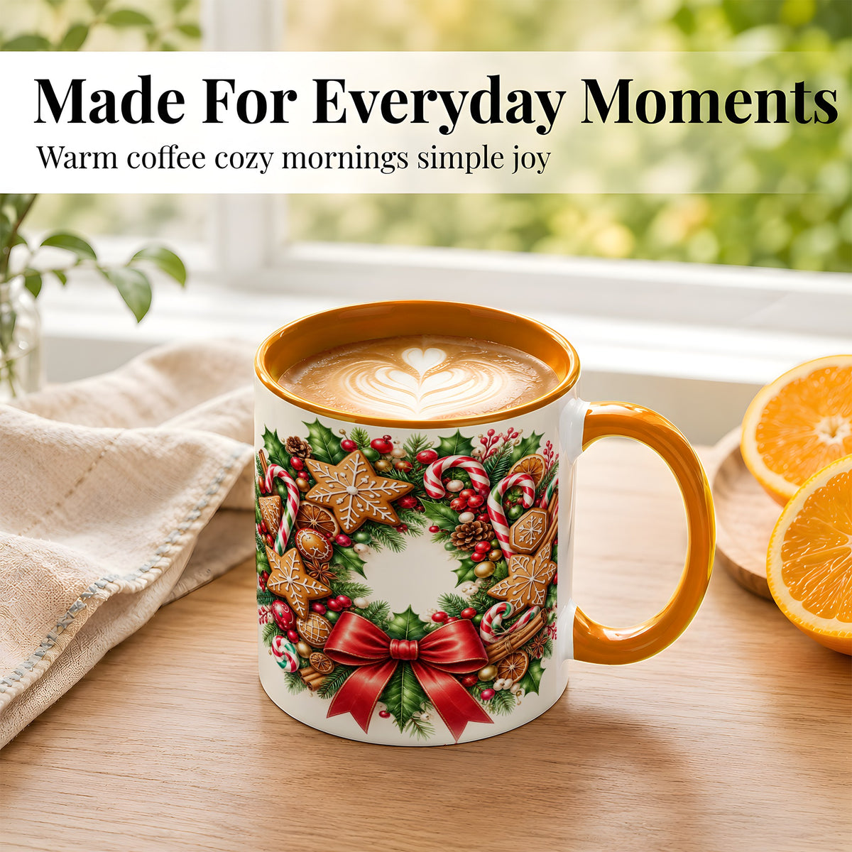 #pl[11oz|Orange] Rustic Christmas Coffee Mug, Gingerbread Wreath Mug, Ceramic Cup