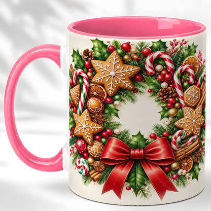 #pl[11oz|Pink] Rustic Christmas Coffee Mug, Gingerbread Wreath Mug, Ceramic Cup