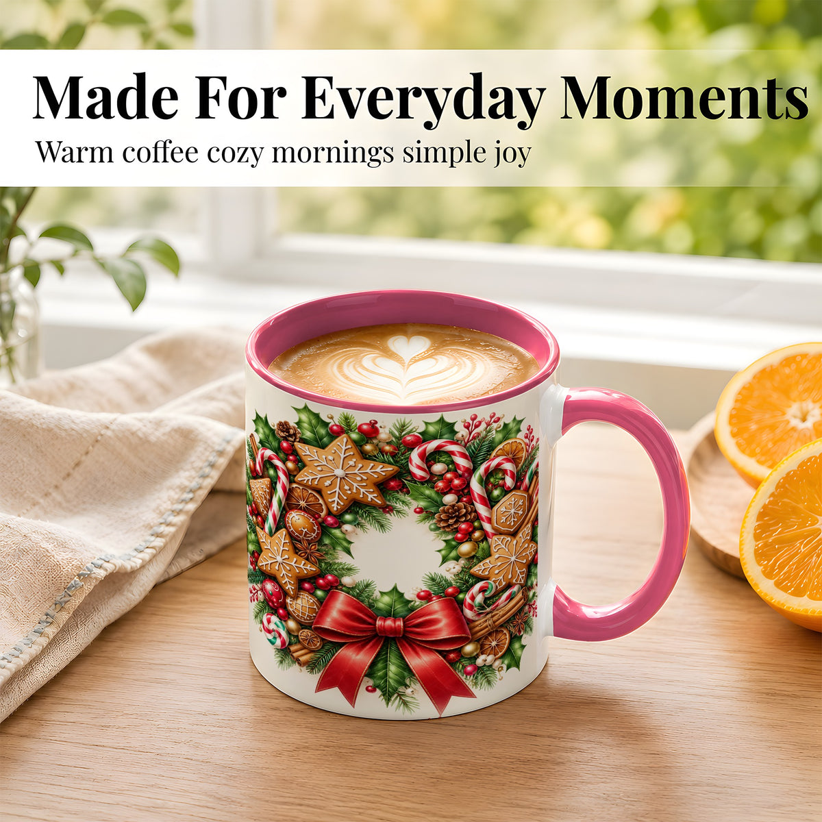 #pl[11oz|Pink] Rustic Christmas Coffee Mug, Gingerbread Wreath Mug, Ceramic Cup