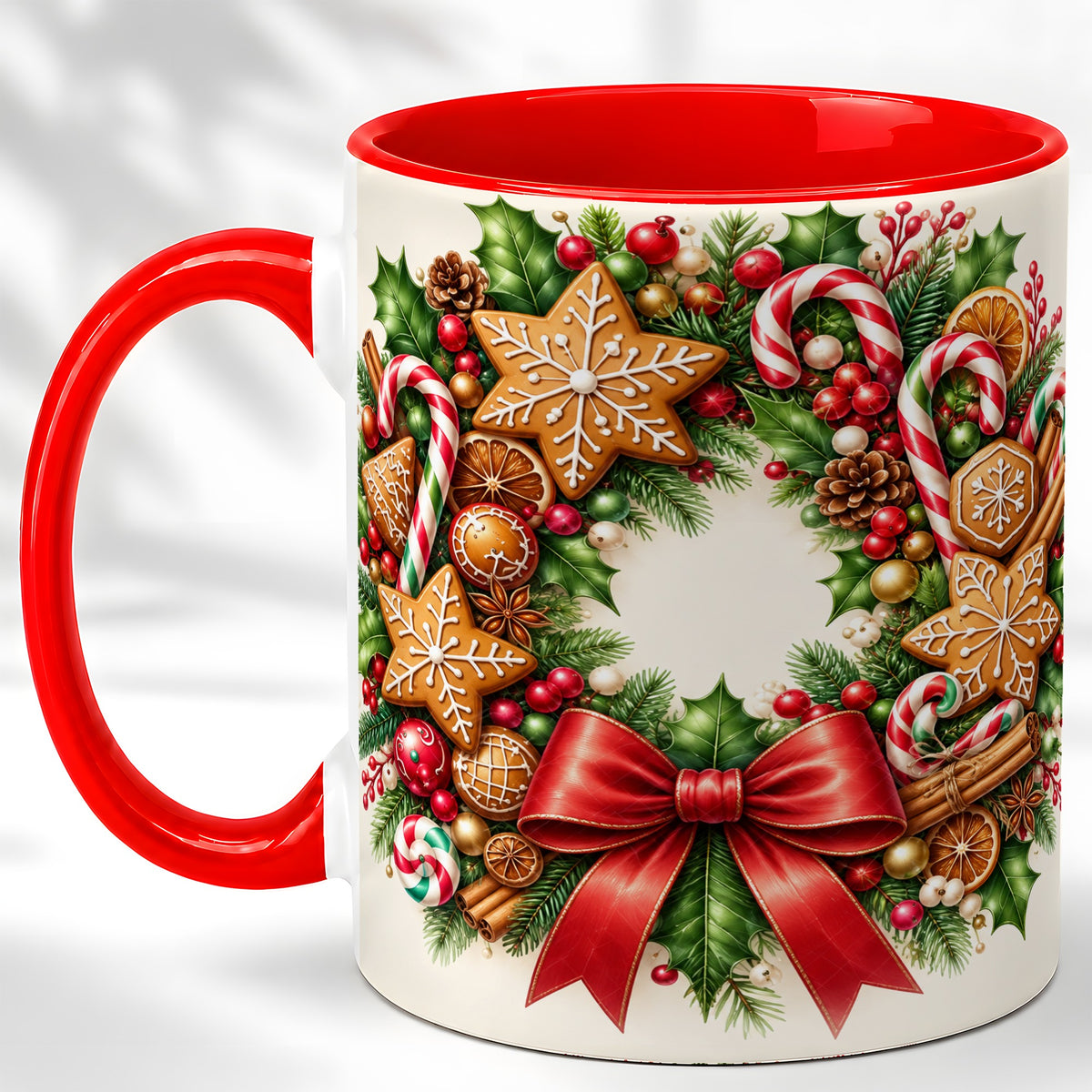 Rustic Christmas Coffee Mug, Gingerbread Wreath Mug, Ceramic Cup