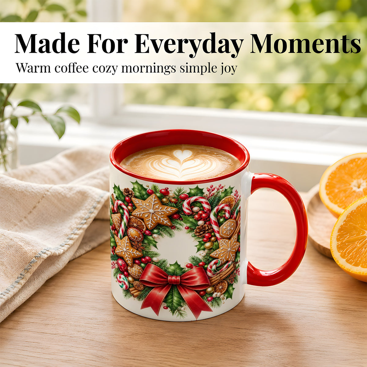 #pl[11oz|Red] Rustic Christmas Coffee Mug, Gingerbread Wreath Mug, Ceramic Cup