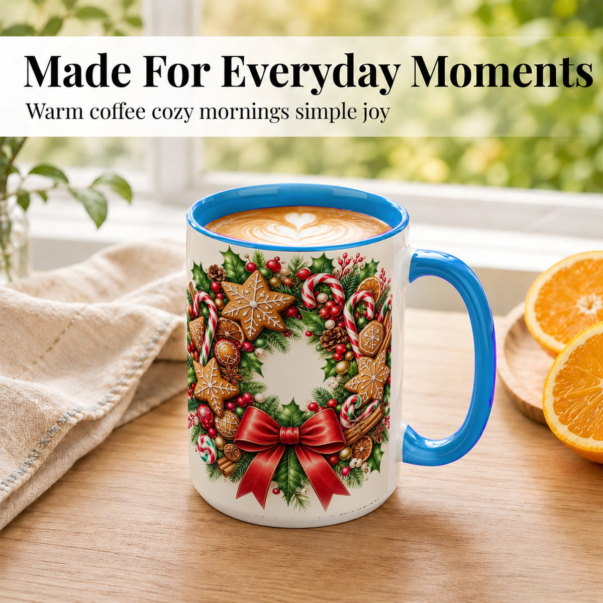 #pl[15oz|Blue] Rustic Christmas Coffee Mug, Gingerbread Wreath Mug, Ceramic Cup