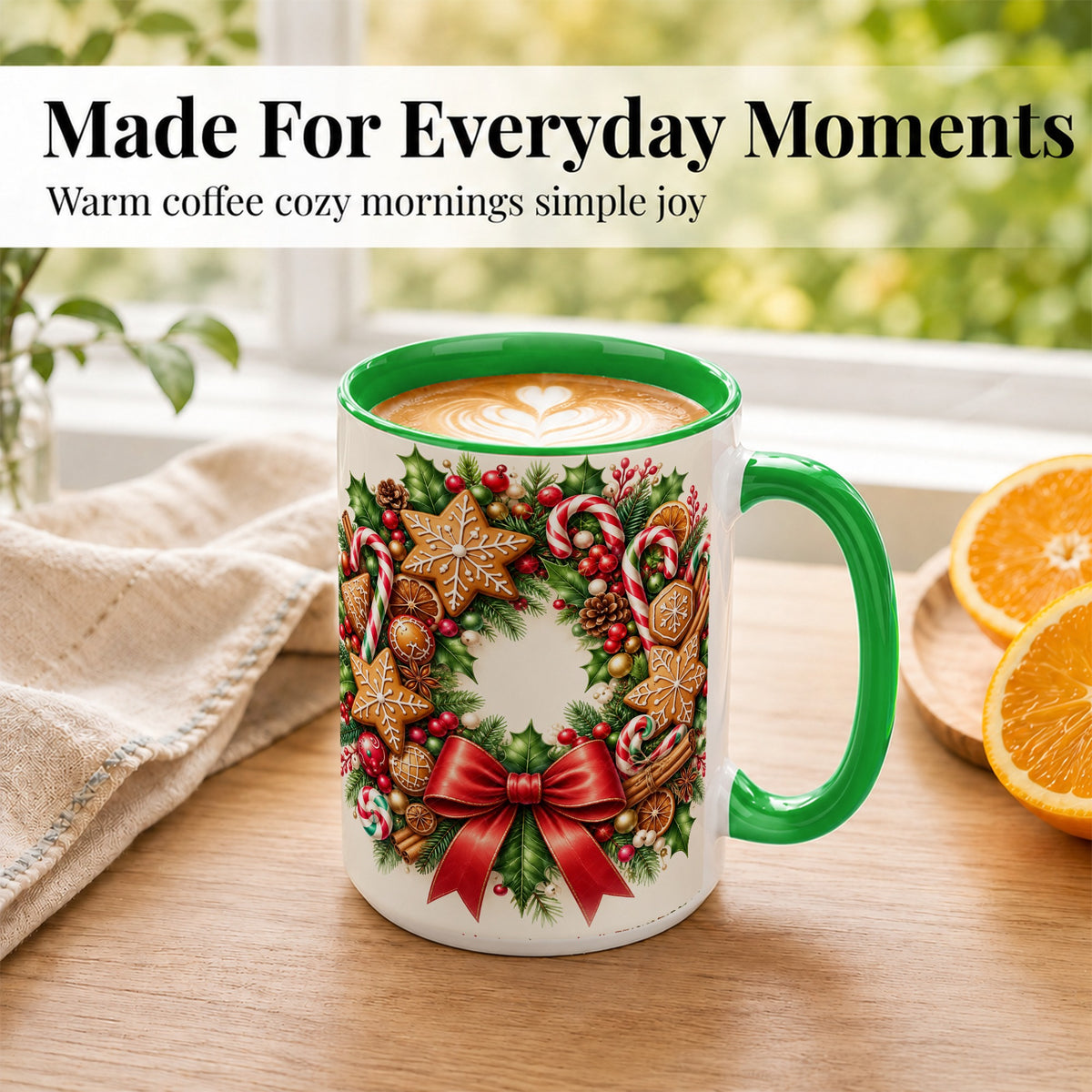#pl[15oz|Green] Rustic Christmas Coffee Mug, Gingerbread Wreath Mug, Ceramic Cup