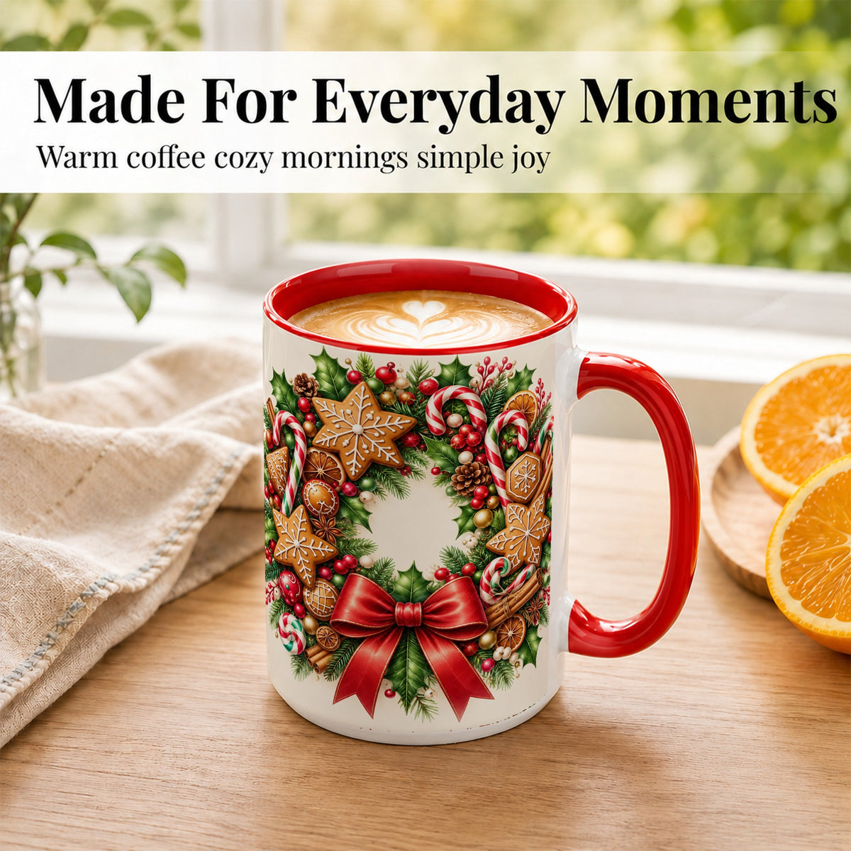 #pl[15oz|Red] Rustic Christmas Coffee Mug, Gingerbread Wreath Mug, Ceramic Cup
