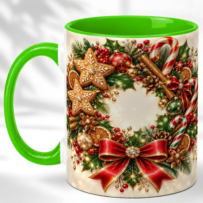 #pl[11oz|Green] Christmas Wreath Coffee Mug, Gingerbread Star Mug, Ceramic Cup