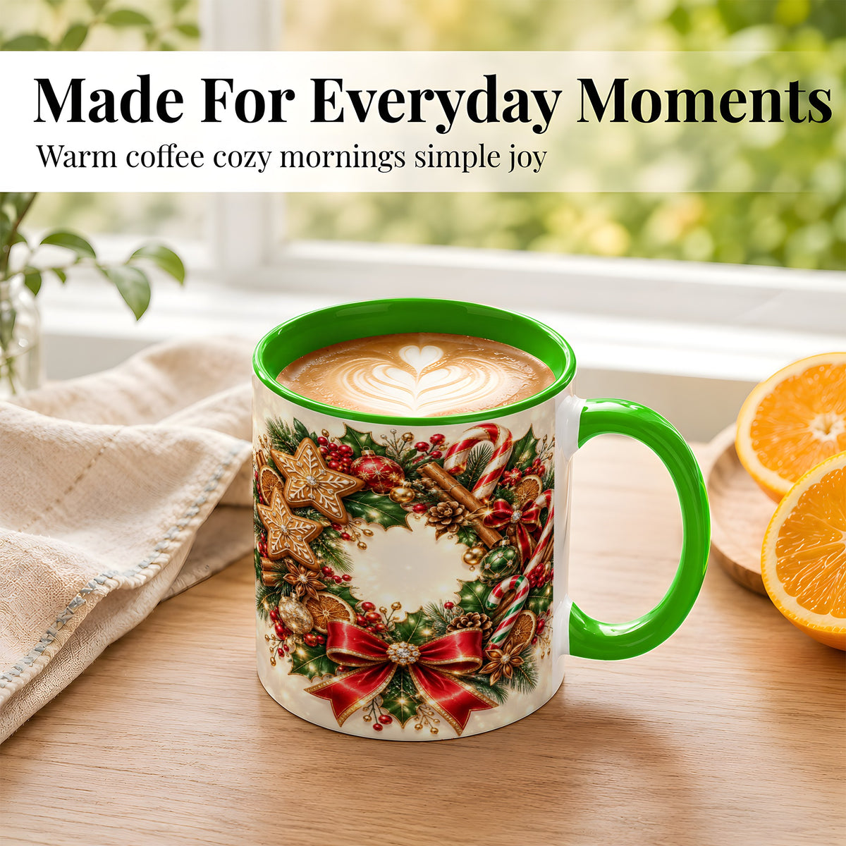 #pl[11oz|Green] Christmas Wreath Coffee Mug, Gingerbread Star Mug, Ceramic Cup
