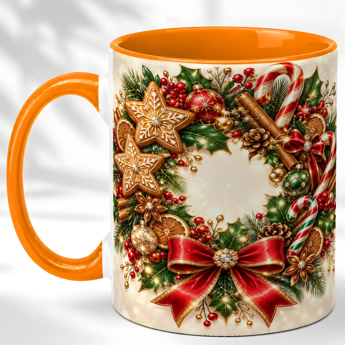 #pl[11oz|Orange] Christmas Wreath Coffee Mug, Gingerbread Star Mug, Ceramic Cup