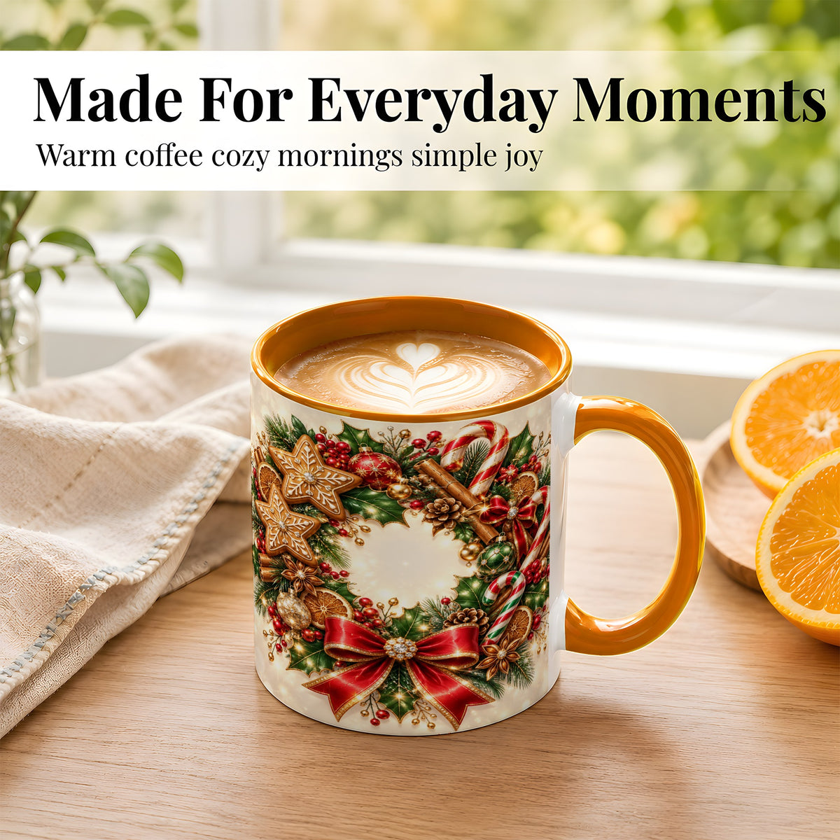 #pl[11oz|Orange] Christmas Wreath Coffee Mug, Gingerbread Star Mug, Ceramic Cup