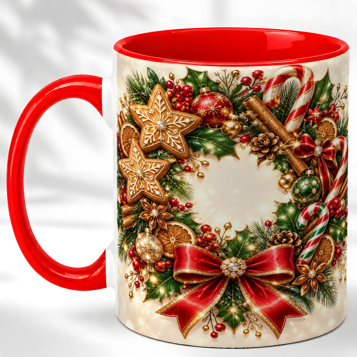 Christmas Wreath Coffee Mug, Gingerbread Star Mug, Ceramic Cup