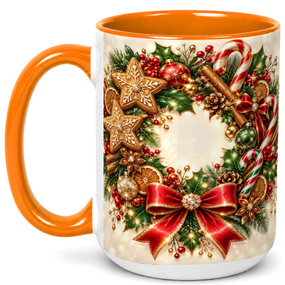 #pl[15oz|Orange] Christmas Wreath Coffee Mug, Gingerbread Star Mug, Ceramic Cup