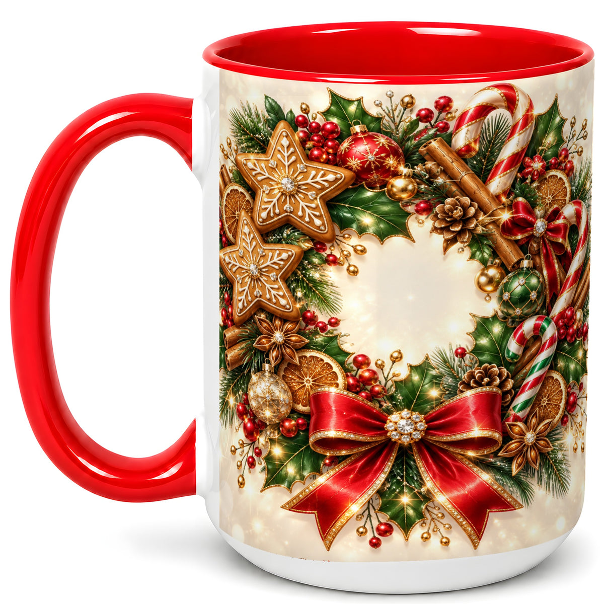 #pl[15oz|Red] Christmas Wreath Coffee Mug, Gingerbread Star Mug, Ceramic Cup