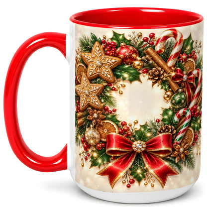 #pl[15oz|Red] Christmas Wreath Coffee Mug, Gingerbread Star Mug, Ceramic Cup