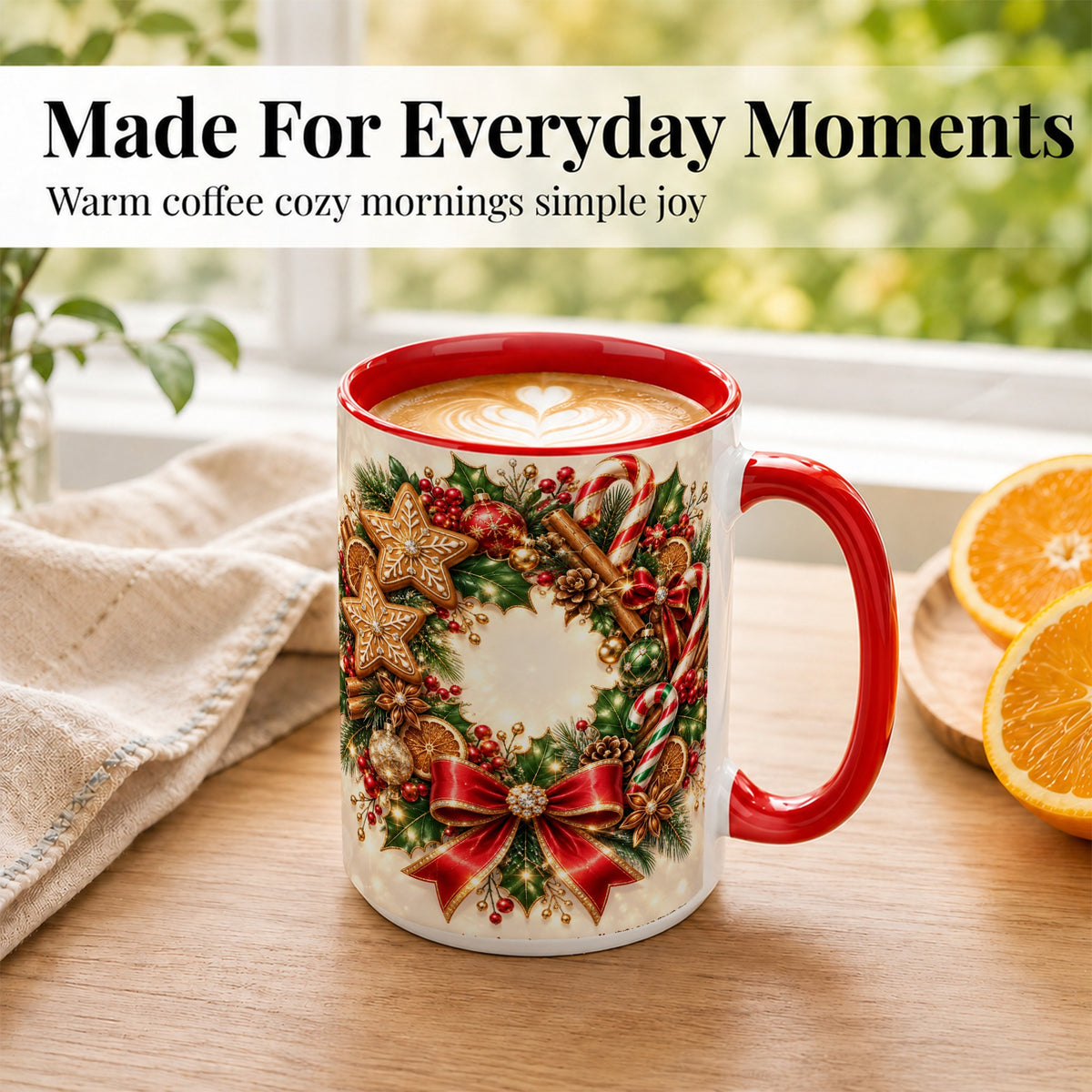 #pl[15oz|Red] Christmas Wreath Coffee Mug, Gingerbread Star Mug, Ceramic Cup