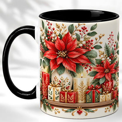#pl[11oz|Black] Christmas Poinsettia Coffee Mug, Holiday Floral Mug, Ceramic Cup