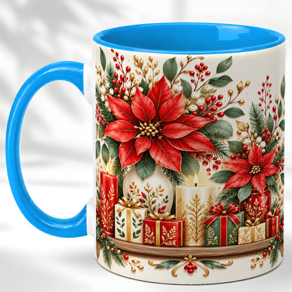 #pl[11oz|Blue] Christmas Poinsettia Coffee Mug, Holiday Floral Mug, Ceramic Cup