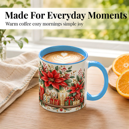#pl[11oz|Blue] Christmas Poinsettia Coffee Mug, Holiday Floral Mug, Ceramic Cup