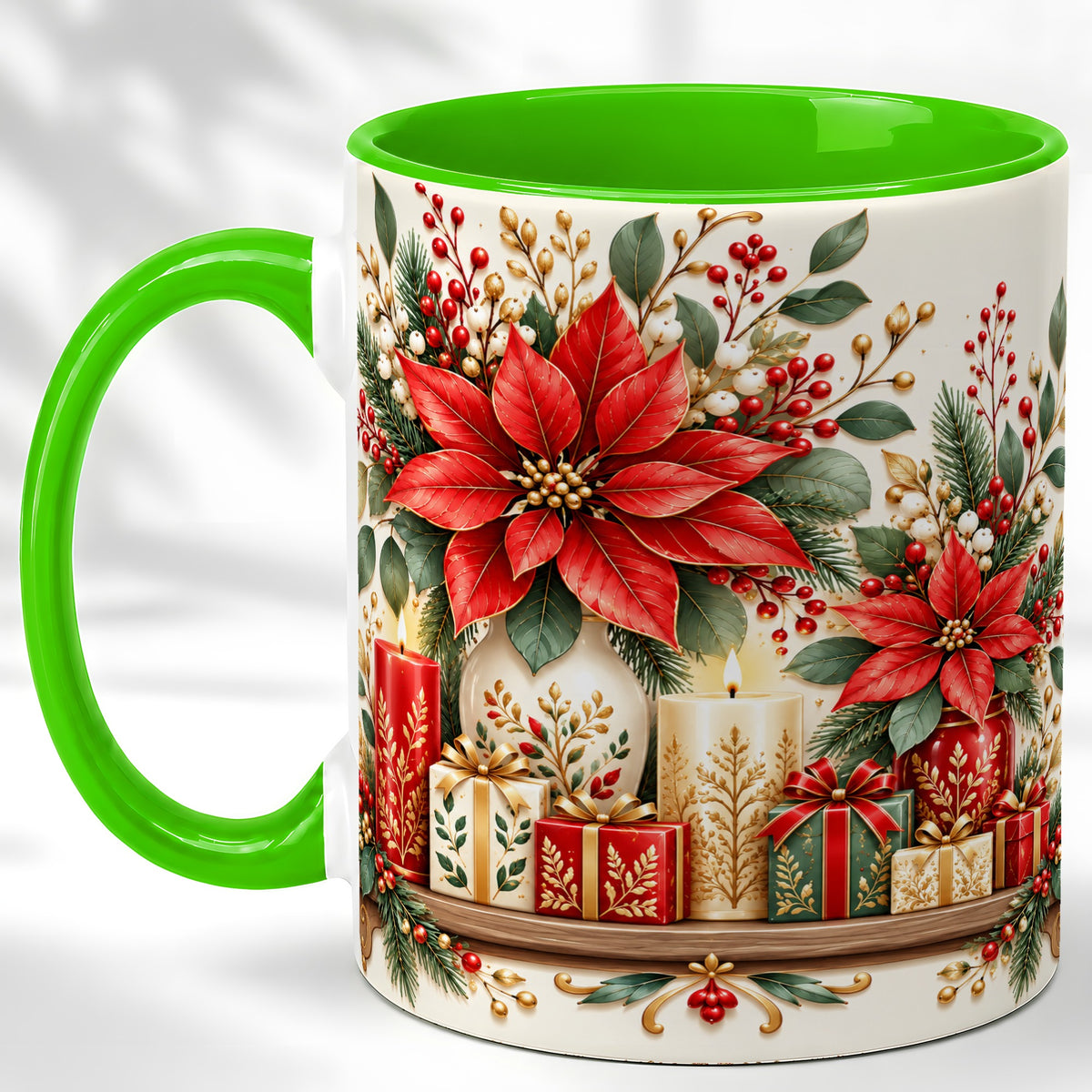 #pl[11oz|Green] Christmas Poinsettia Coffee Mug, Holiday Floral Mug, Ceramic Cup