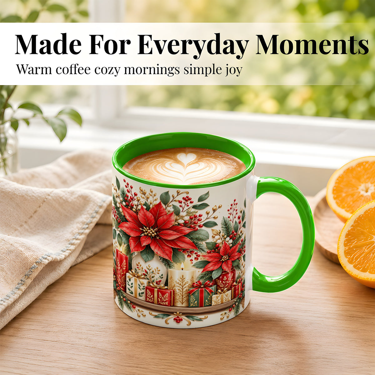 #pl[11oz|Green] Christmas Poinsettia Coffee Mug, Holiday Floral Mug, Ceramic Cup