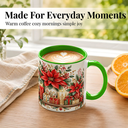#pl[11oz|Green] Christmas Poinsettia Coffee Mug, Holiday Floral Mug, Ceramic Cup
