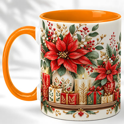#pl[11oz|Orange] Christmas Poinsettia Coffee Mug, Holiday Floral Mug, Ceramic Cup