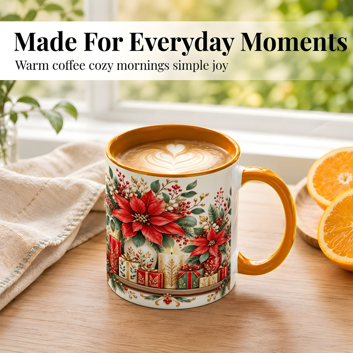 #pl[11oz|Orange] Christmas Poinsettia Coffee Mug, Holiday Floral Mug, Ceramic Cup