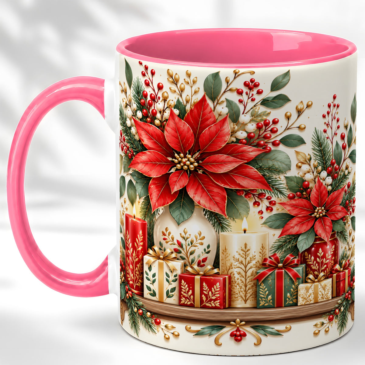 #pl[11oz|Pink] Christmas Poinsettia Coffee Mug, Holiday Floral Mug, Ceramic Cup