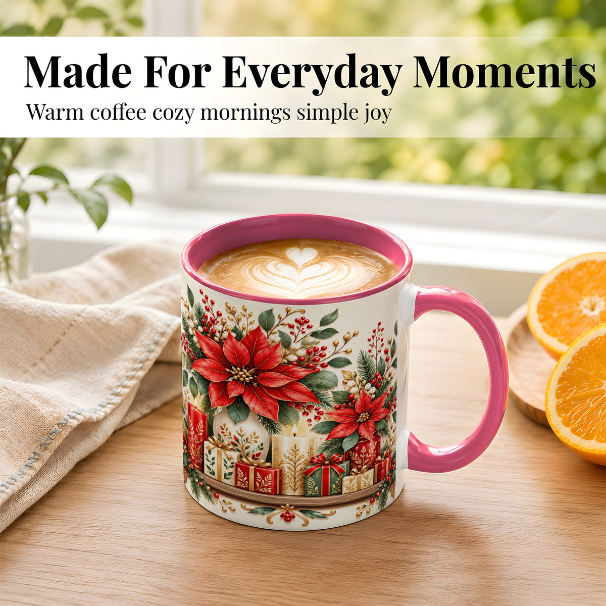 #pl[11oz|Pink] Christmas Poinsettia Coffee Mug, Holiday Floral Mug, Ceramic Cup