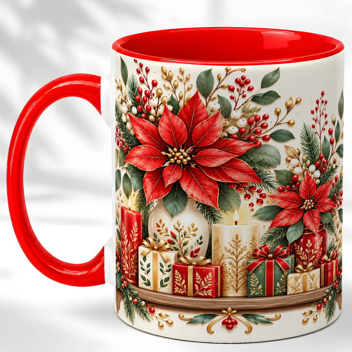 Christmas Poinsettia Coffee Mug, Holiday Floral Mug, Ceramic Cup