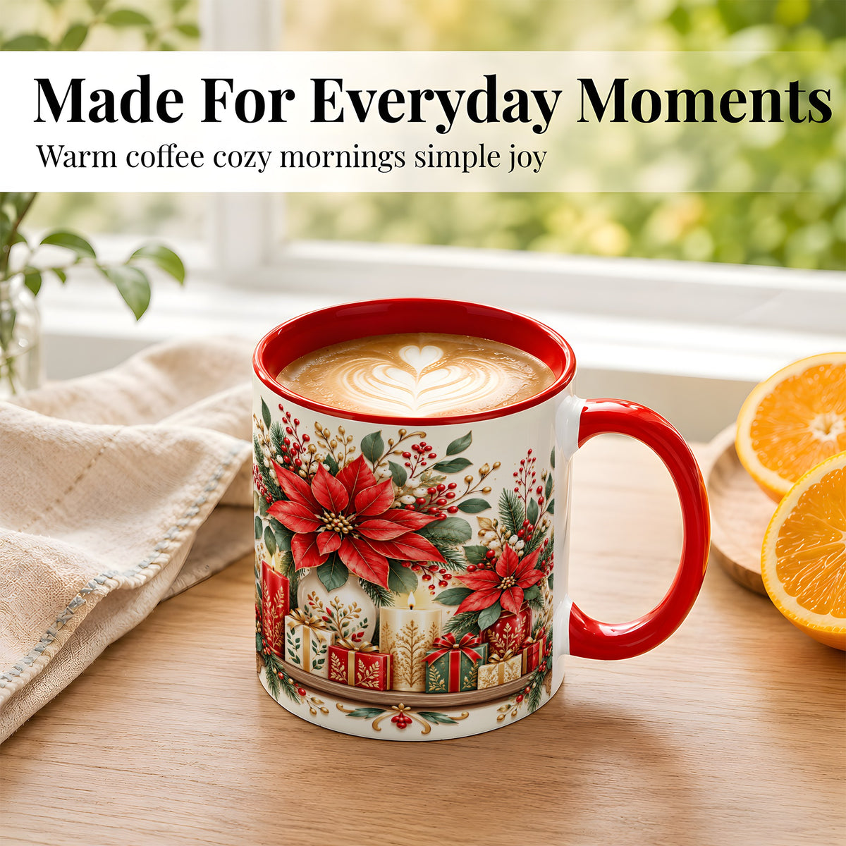 #pl[11oz|Red] Christmas Poinsettia Coffee Mug, Holiday Floral Mug, Ceramic Cup