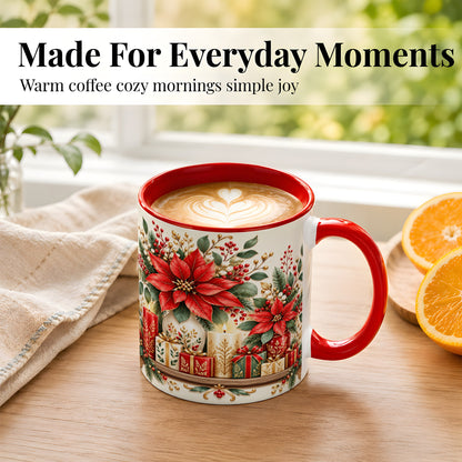 #pl[11oz|Red] Christmas Poinsettia Coffee Mug, Holiday Floral Mug, Ceramic Cup