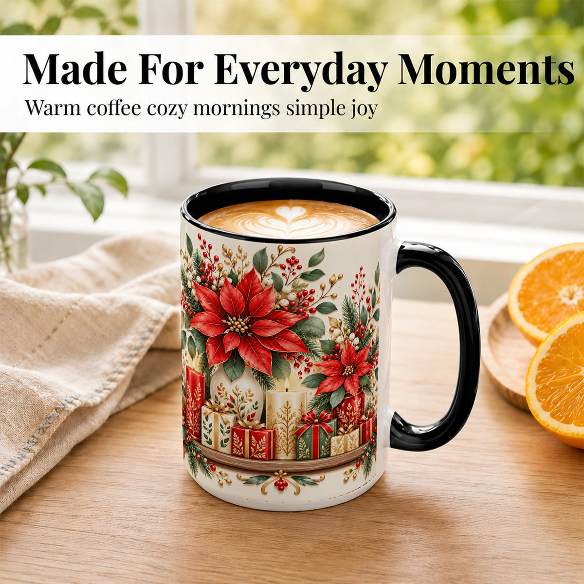 #pl[15oz|Black] Christmas Poinsettia Coffee Mug, Holiday Floral Mug, Ceramic Cup