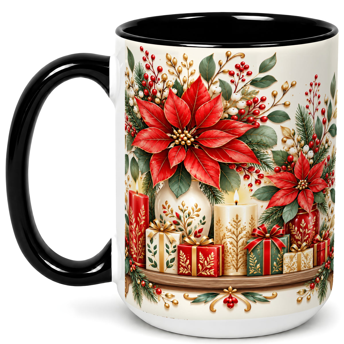 #pl[15oz|Black] Christmas Poinsettia Coffee Mug, Holiday Floral Mug, Ceramic Cup