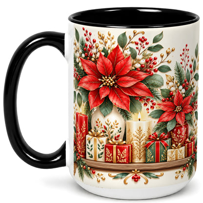 #pl[15oz|Black] Christmas Poinsettia Coffee Mug, Holiday Floral Mug, Ceramic Cup