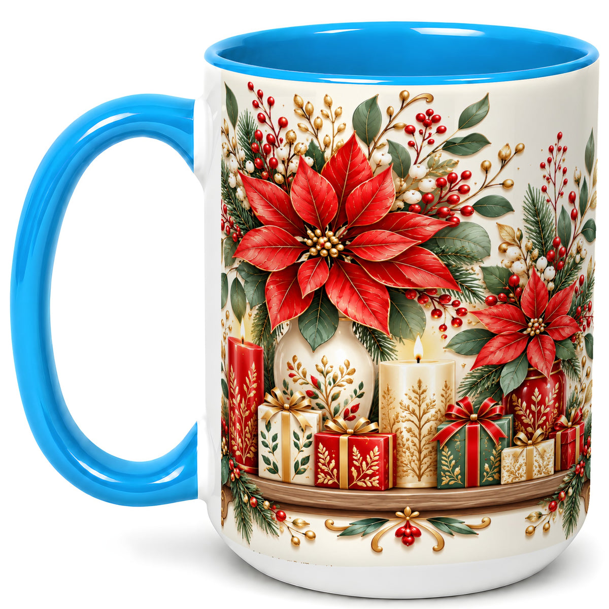 #pl[15oz|Blue] Christmas Poinsettia Coffee Mug, Holiday Floral Mug, Ceramic Cup
