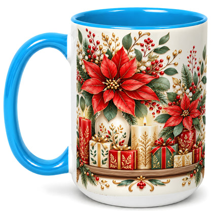 #pl[15oz|Blue] Christmas Poinsettia Coffee Mug, Holiday Floral Mug, Ceramic Cup