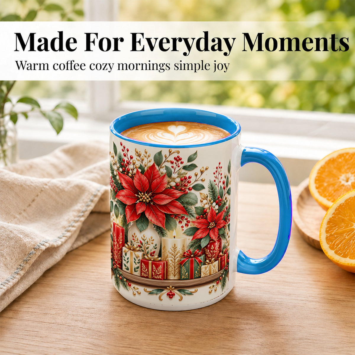 #pl[15oz|Blue] Christmas Poinsettia Coffee Mug, Holiday Floral Mug, Ceramic Cup