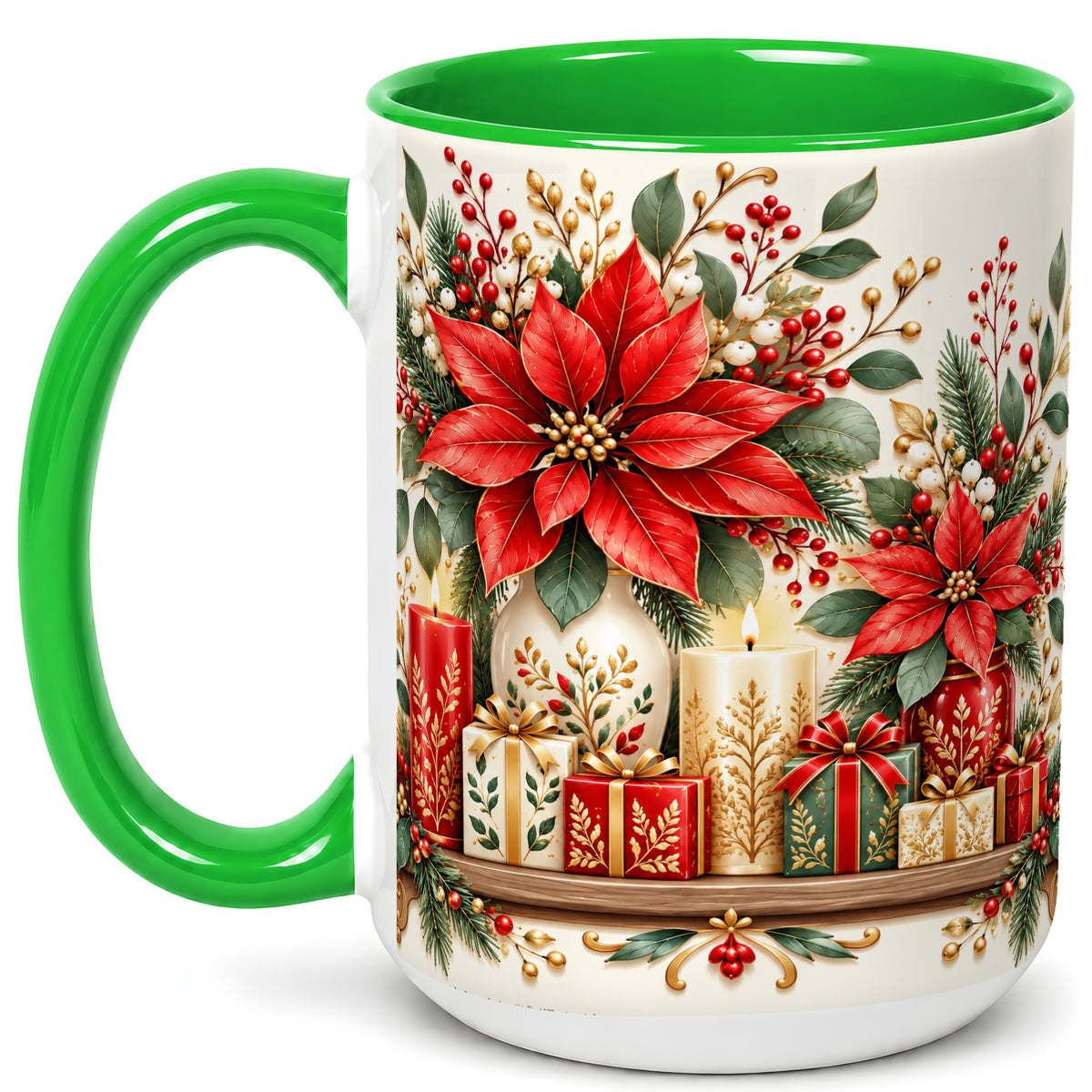 #pl[15oz|Green] Christmas Poinsettia Coffee Mug, Holiday Floral Mug, Ceramic Cup
