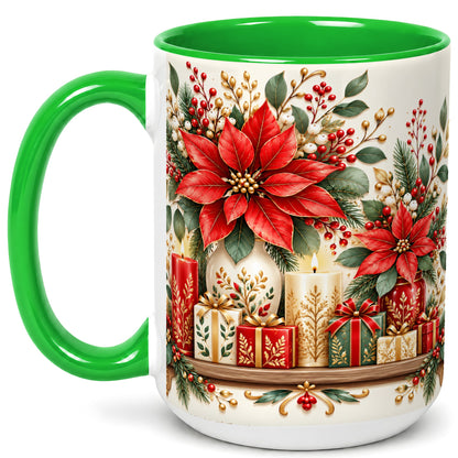 #pl[15oz|Green] Christmas Poinsettia Coffee Mug, Holiday Floral Mug, Ceramic Cup