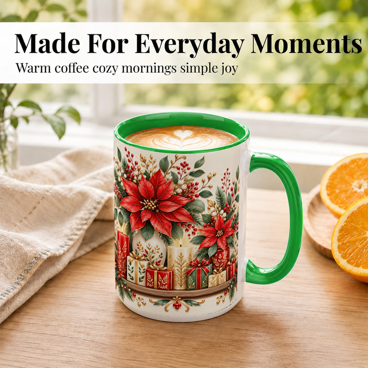 #pl[15oz|Green] Christmas Poinsettia Coffee Mug, Holiday Floral Mug, Ceramic Cup