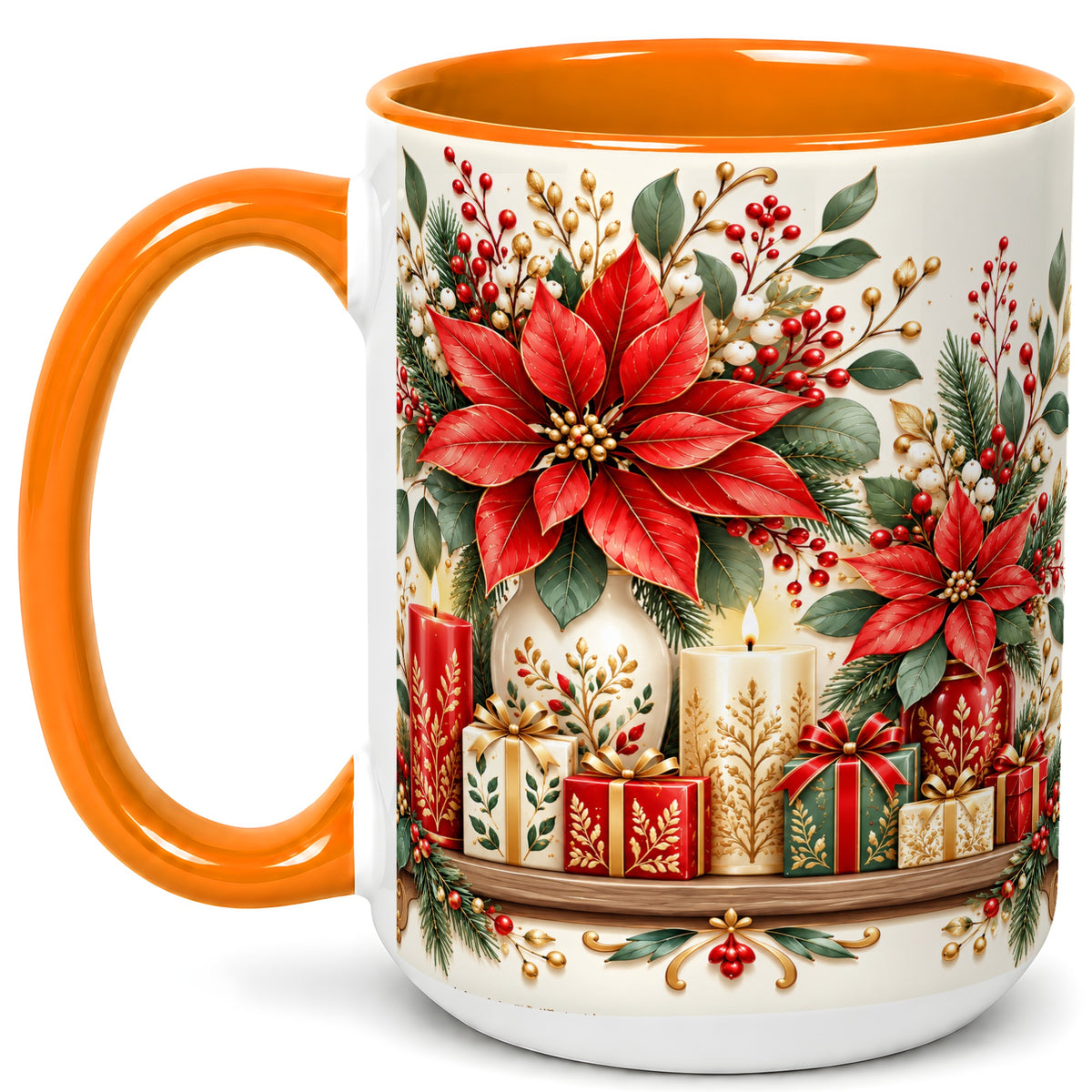 #pl[15oz|Orange] Christmas Poinsettia Coffee Mug, Holiday Floral Mug, Ceramic Cup