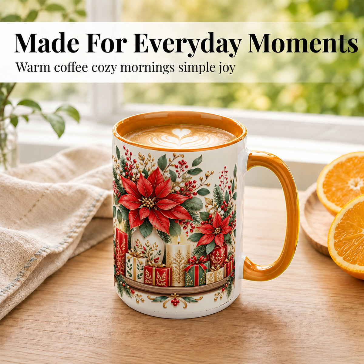 #pl[15oz|Orange] Christmas Poinsettia Coffee Mug, Holiday Floral Mug, Ceramic Cup