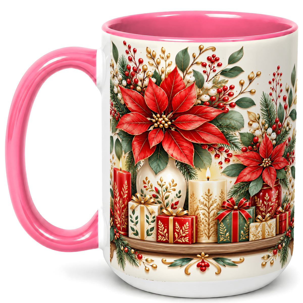 #pl[15oz|Pink] Christmas Poinsettia Coffee Mug, Holiday Floral Mug, Ceramic Cup