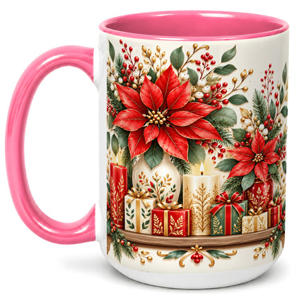 #pl[15oz|Pink] Christmas Poinsettia Coffee Mug, Holiday Floral Mug, Ceramic Cup