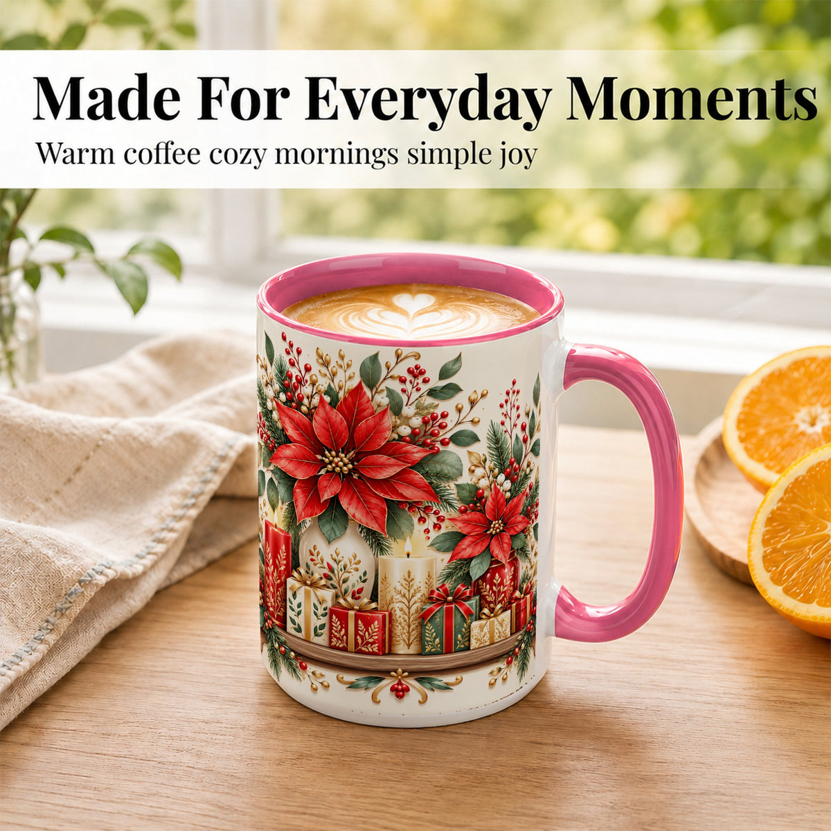 #pl[15oz|Pink] Christmas Poinsettia Coffee Mug, Holiday Floral Mug, Ceramic Cup